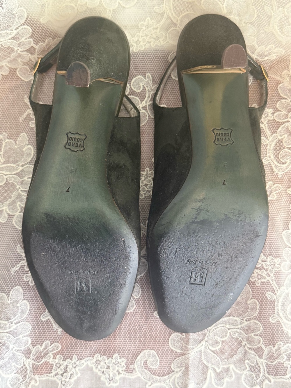 Bruno MAGLI 7B Dark Green Suede Slingback Heels with Gold Accents Vintage - Picture 6 of 12